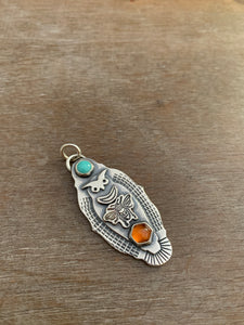 Owl pendant - moon bee hessonite with garnet and turquoise