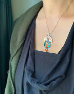 Cloisonné glass enamel with garnet and carnelian pendant