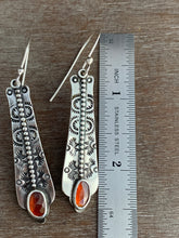 Load image into Gallery viewer, Hessonite garnet stamped earrings
