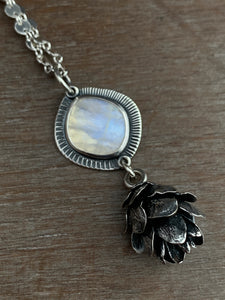 Cast cedar cone necklace with a moonstone