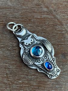 Owl pendant #8 with Kyanites *PLease note, the top kyanite is a vivid teal blue my camera cannot depict*