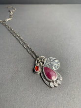 Load image into Gallery viewer, Pink Sapphire charm necklace, with a tiny garnet, and bird accent charm
