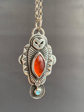 Load image into Gallery viewer, Owl pendant #9 Hessonite Garnet and Blue Topaz

