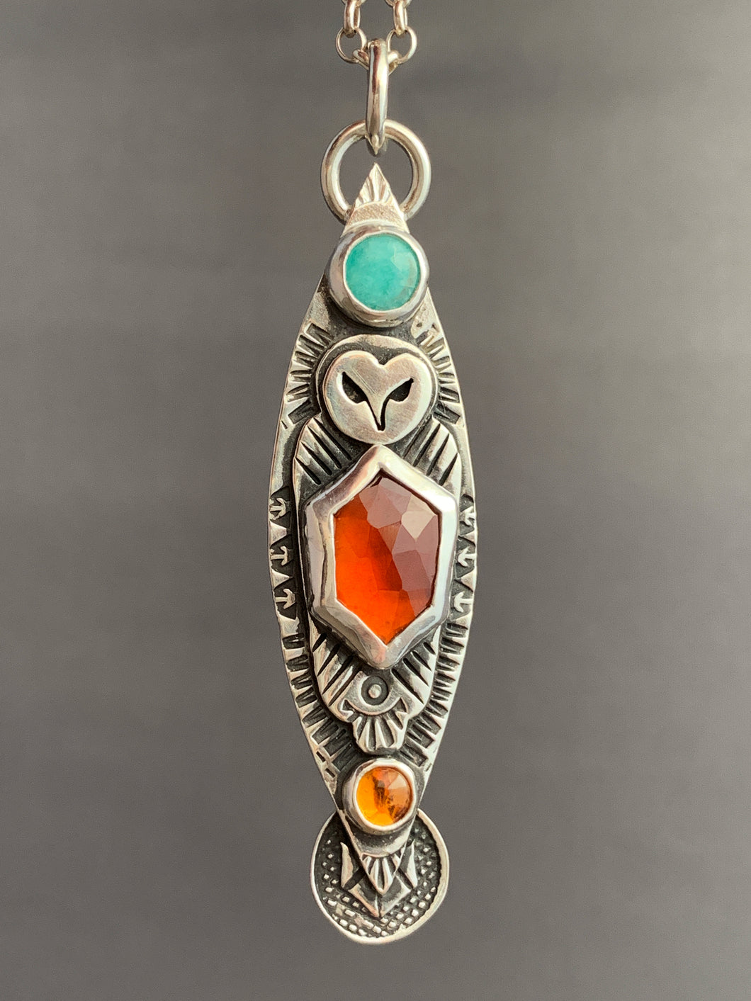 Owl pendant #5 Amazonite, Hessonite Garnet, and Citrine