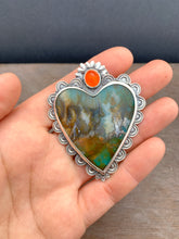 Load image into Gallery viewer, Plume agate and fire opal Sacred Heart pendant
