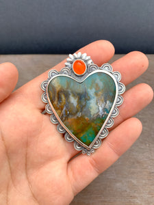 Plume agate and fire opal Sacred Heart pendant