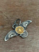 Load image into Gallery viewer, Small golden sun stamped bird pendant
