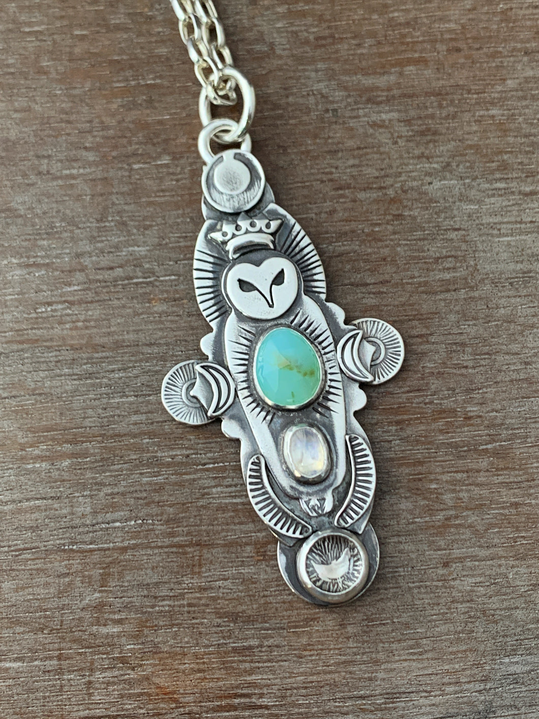 Owl pendant #1 - Peruvian Opal Rainbow Moonstone and Clear Quartz
