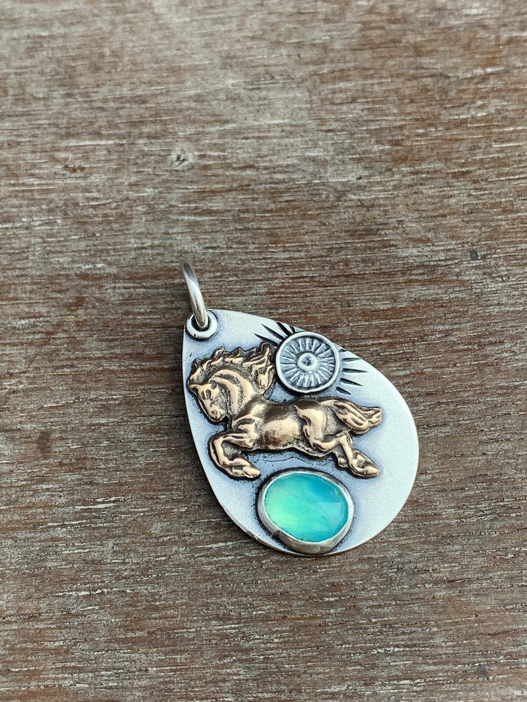 Peruvian opal and bronze horse pendant