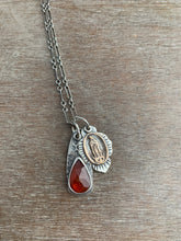 Load image into Gallery viewer, Bronze Our Lady of Guadeloupe and garnet charms
