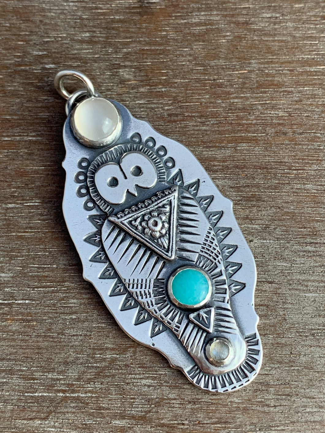 Owl pendant - moonstone, turquoise, and labradorite