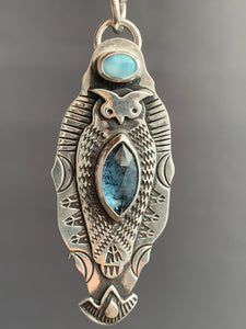 Owl pendant #2 - Blue Kyanite, and Larimar