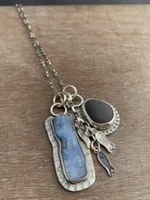 Load image into Gallery viewer, Lake Erie beach stone charm necklace, with a blue kyanite, and tiny fish charms
