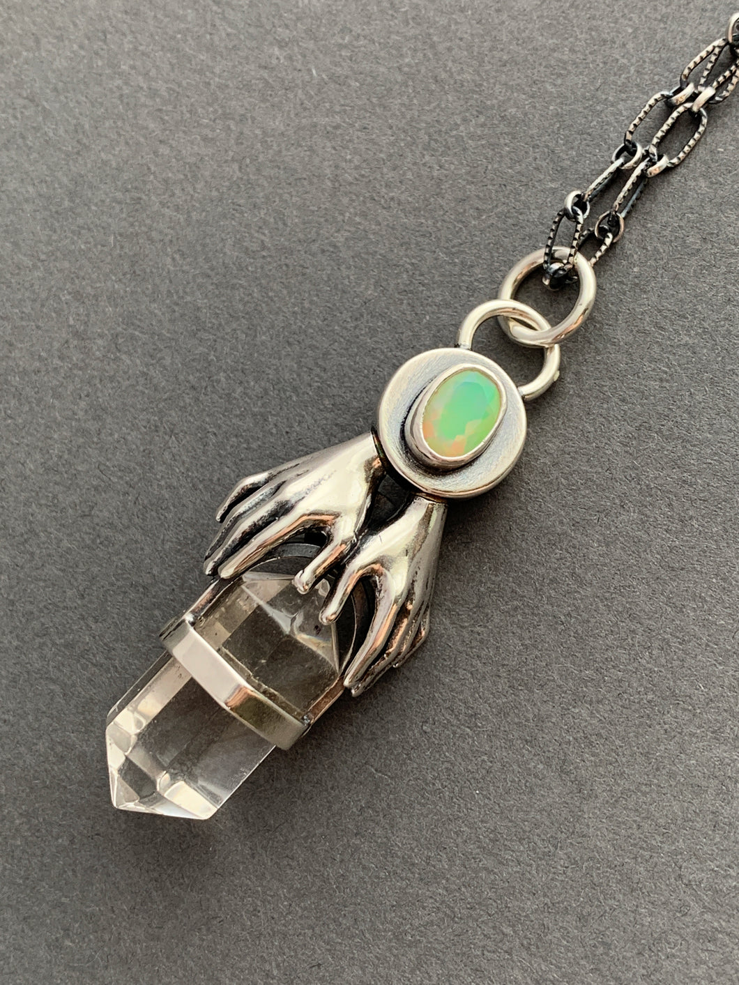 Opal and quartz crystal necklace