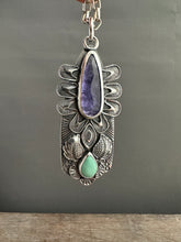Load image into Gallery viewer, Tanzanite and turquoise Shield pendant
