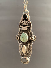 Load image into Gallery viewer, Owl pendant #13 with tourmaline, Peruvian Opal, chocolate moonstones, rainbow moonstone, and a grey moonstone
