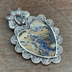 Plume agate and grey moonstone Sacred Heart pendant