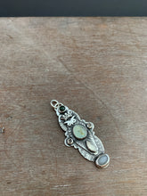 Load image into Gallery viewer, Owl pendant #13 with tourmaline, Peruvian Opal, chocolate moonstones, rainbow moonstone, and a grey moonstone
