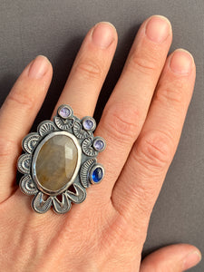 Large sapphire and kyanite statement ring Size 7.5