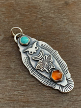 Load image into Gallery viewer, Owl pendant - moon bee hessonite with garnet and turquoise
