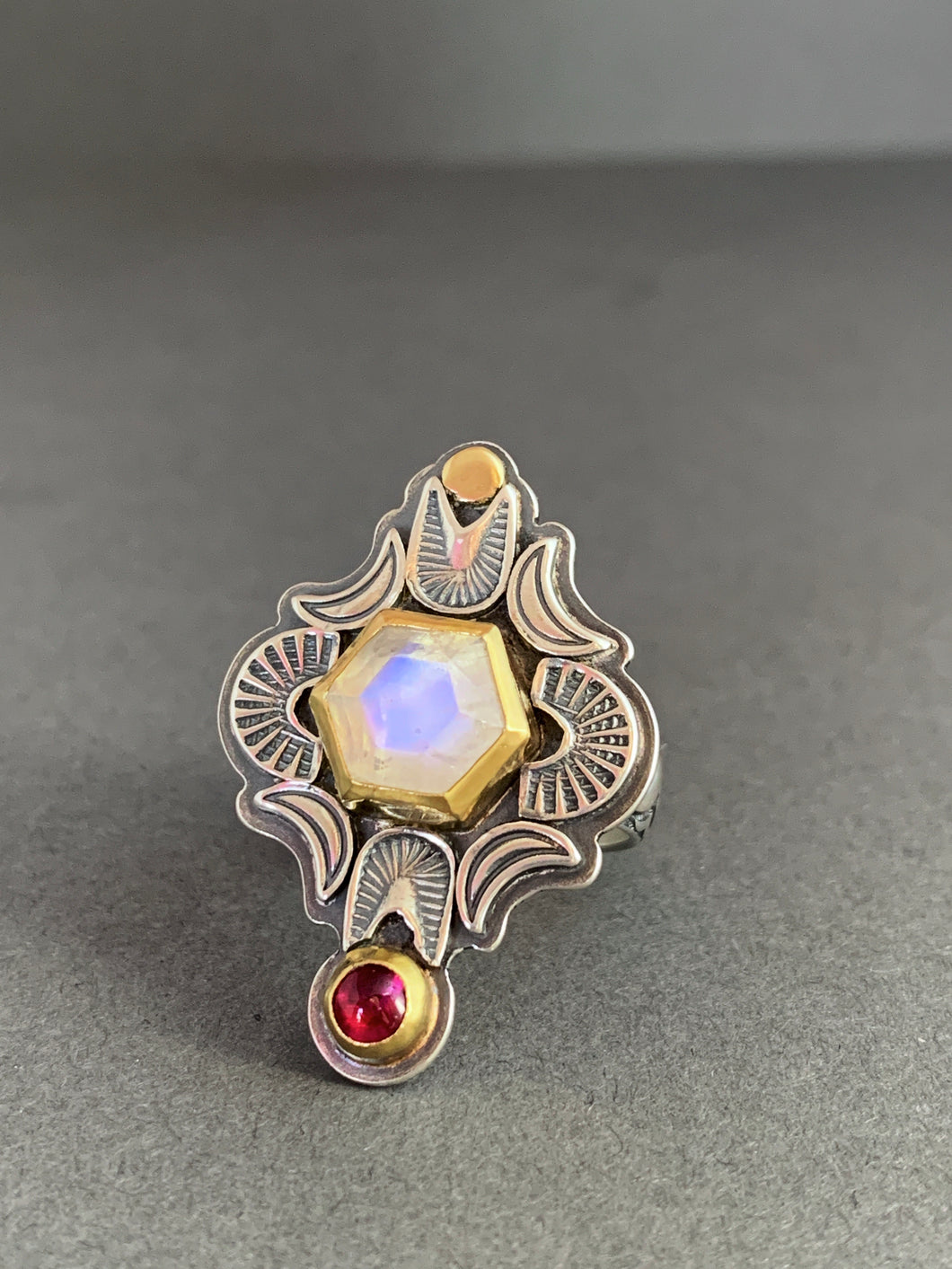 Moonstone and tourmaline ring set in 22k gold