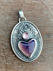 Rare Purple Leland Blue and Spinel Sacred Heart Pendant