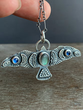Load image into Gallery viewer, Large labradorite and kyanite stamped bird pendant
