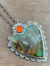 Load image into Gallery viewer, Plume agate and fire opal Sacred Heart pendant
