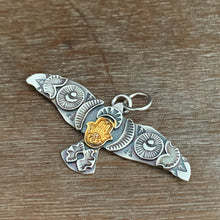 Load image into Gallery viewer, Large golden hamsa stamped bird pendant
