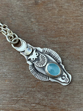 Load image into Gallery viewer, Owl pendant #17 - Aquamarine and rainbow Moonstone
