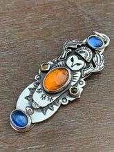 Load image into Gallery viewer, Owl pendant #14 with Blue Kyanites, Hessonite Garnet, and two Tourmalines

