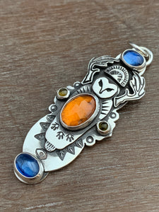Owl pendant #14 with Blue Kyanites, Hessonite Garnet, and two Tourmalines