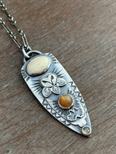 Load image into Gallery viewer, Owl pendant #6 - Fossilized Mastodon Ivory, Golden Moonstone and Labradorite
