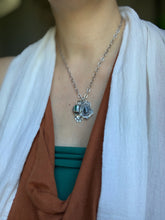 Load image into Gallery viewer, Sterling silver feather and sun charm, dendritic agate antler charm, and apatite charm

