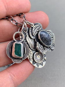 Sterling silver feather and sun charm, dendritic agate antler charm, and apatite charm