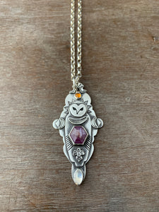 Owl pendant #10 - Ruby Citrine and Rainbow moonstone