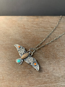 Moon bee bird pendant, with turquoise and carnelian