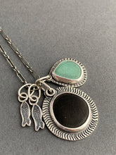 Load image into Gallery viewer, Lake Erie beach stone charm necklace, with a teal ceramic shard, and tiny fish charms
