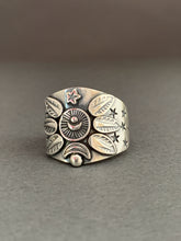 Load image into Gallery viewer, Medium Size 9.5 moon, stars, and feathers shield ring
