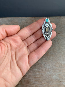 Owl pendant #3- Amazonite, Andalusite, and Blue Topaz
