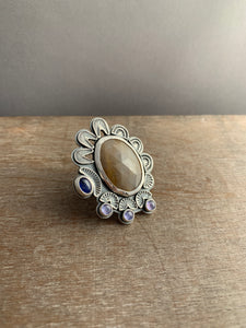 Large sapphire and kyanite statement ring Size 7.5