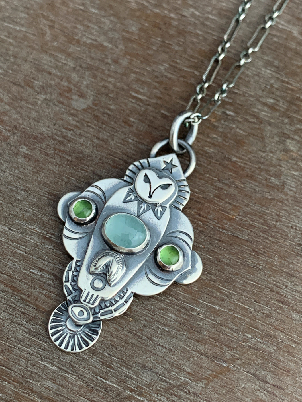 Owl pendant #9 -  Serpentine and Aquamarine